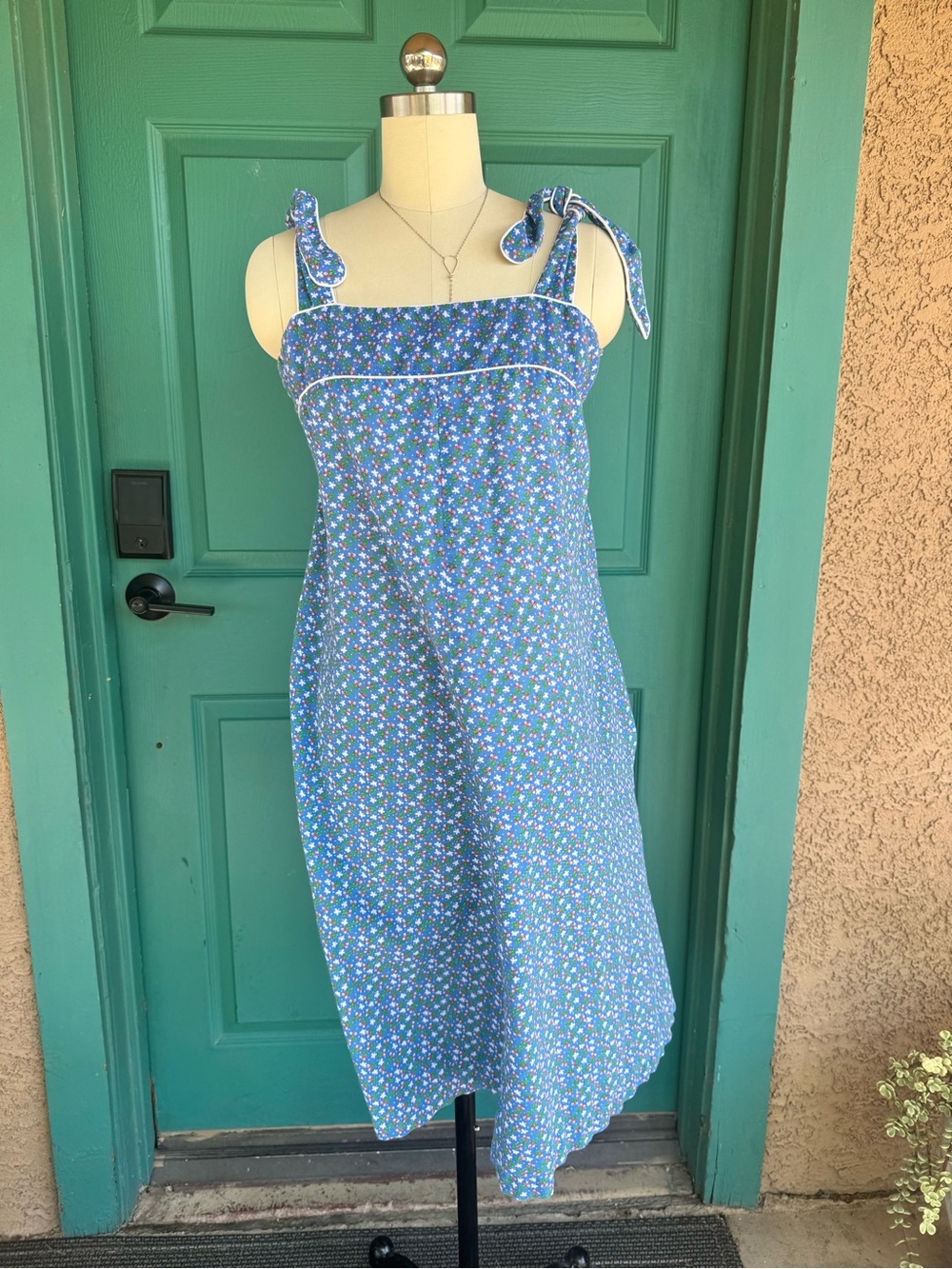 Vintage 70’s Cracker Barrel floral tie strap ruched midi dress sz 11 sm pockets